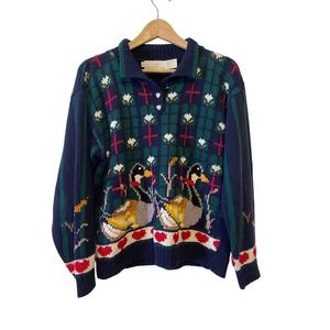 Vintage Eagle's Eye Duck Sweater Hand Knit Size M Blue Mallard Cottage Grandma